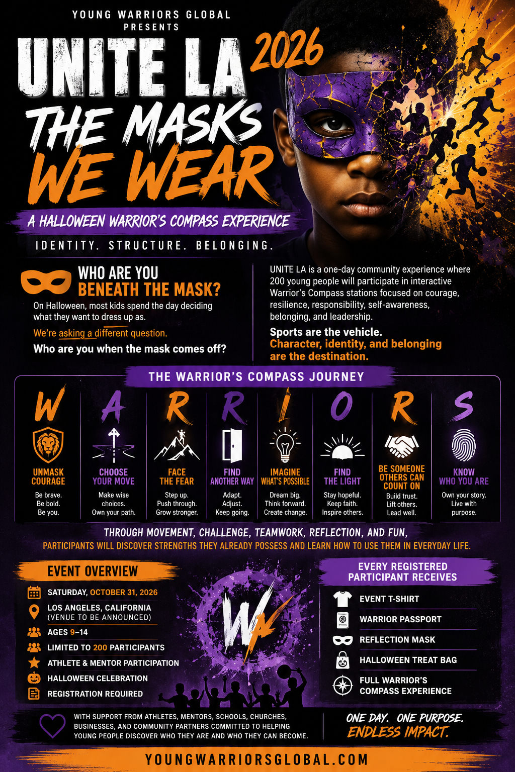 UNITE LA 2026: The Masks We Wear — Halloween Warrior's Compass Experience flyer. Young Warriors Global. October 31, 2026.